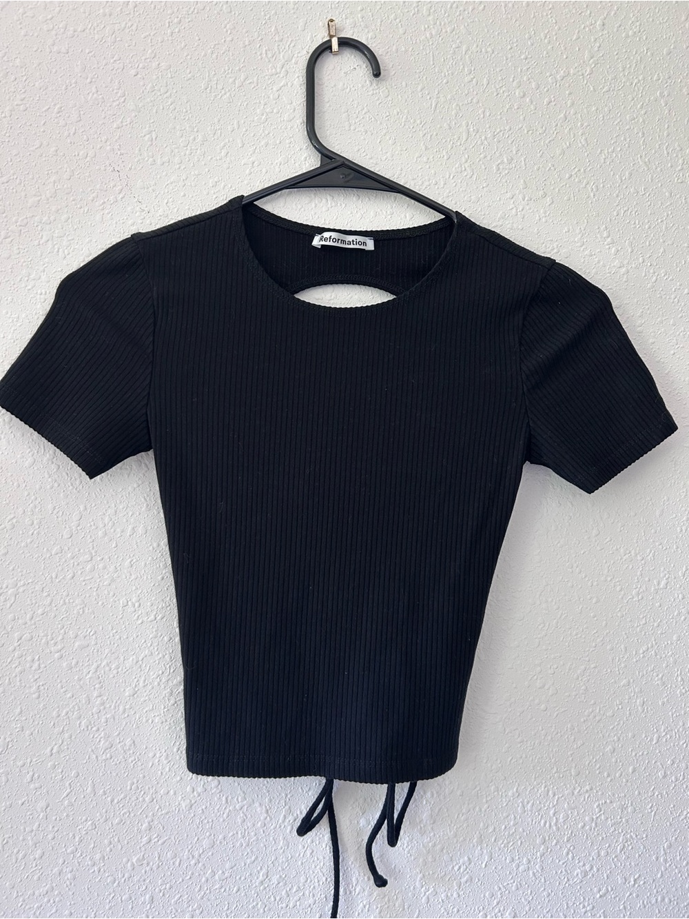 Reformation Black Ribbed Short Sleeve Cutout Crop Top with Drawstrings